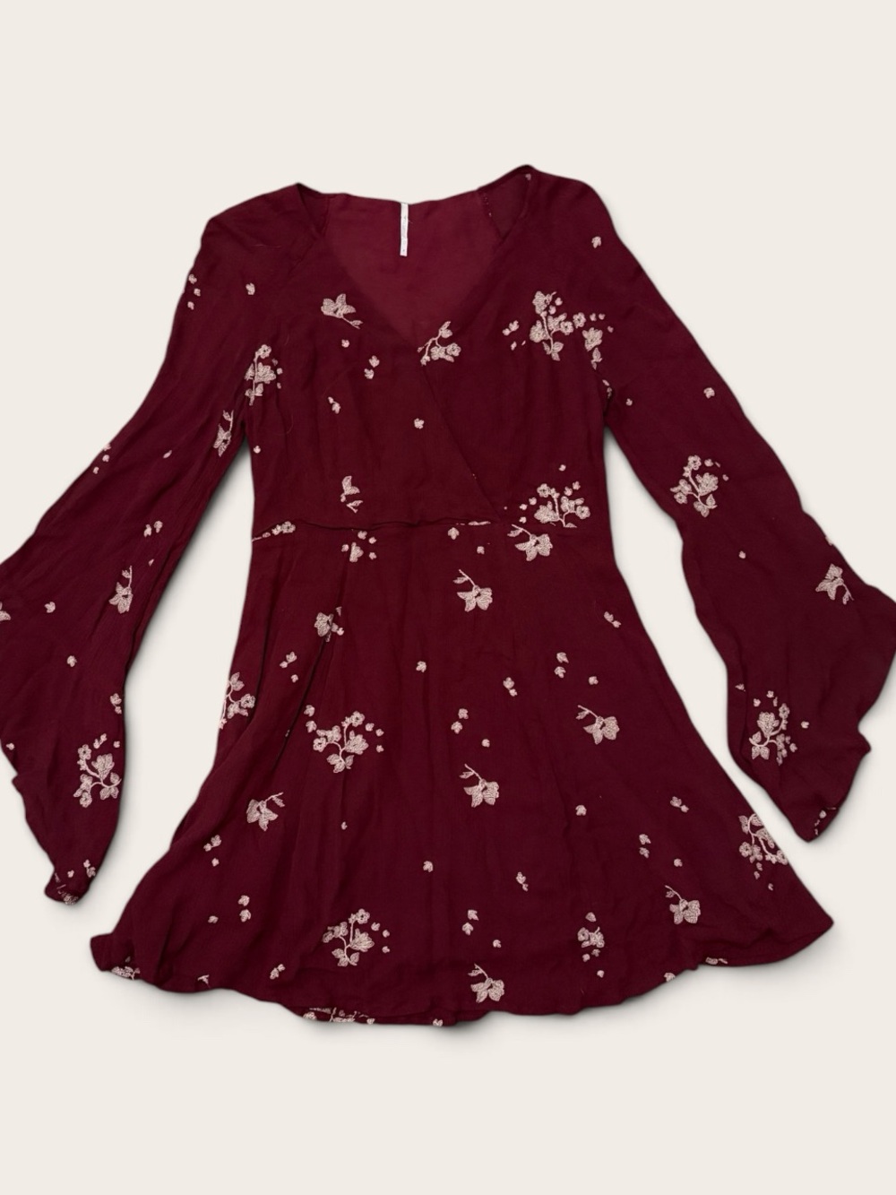 Free People Floral Mini Dress Size 6 Burgundy Bell Sleeve Boho